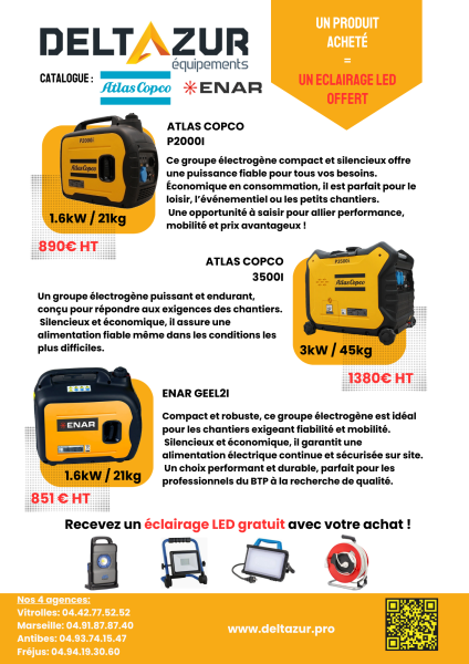 PROMOTION GROUPES ELECTROGENES ATLAS COPCO ET ENAR sur le secteur du 13, 06 et 83